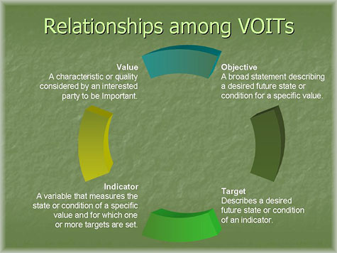 Relationship among values, objectives, indicators and targets.